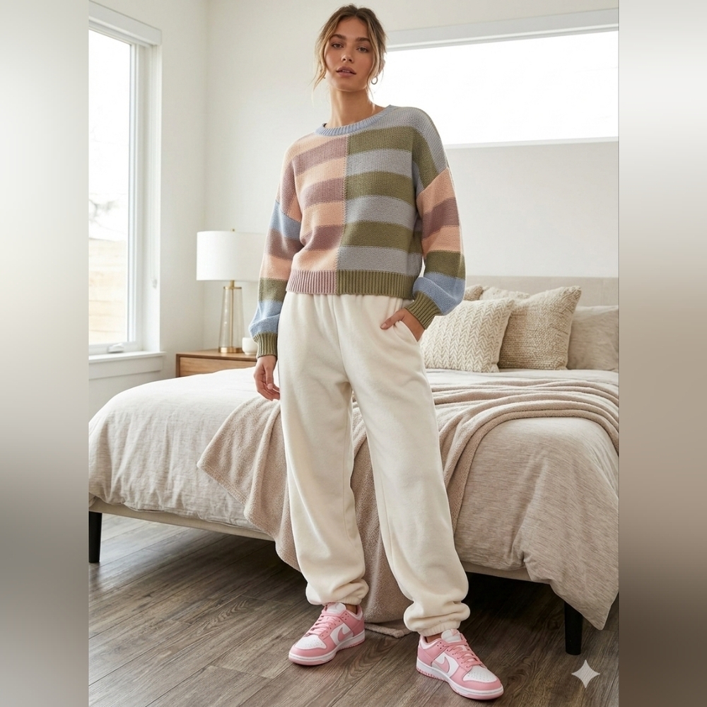 Le Lis Pastel Striped Crewneck Sweater - Pink, Blue, Green, Cream - Picture 1 of 3